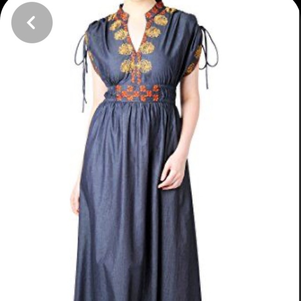 Mandarin collar denim floor length dress
